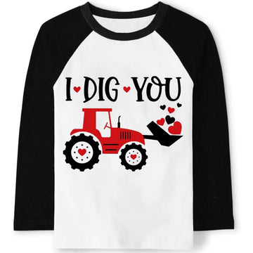 Toddler Boy Valentine'S Day Shirts Raglan Long Sleeve Tee Tops Kids Love Heart Tractor Graphic Clothes 2 Years