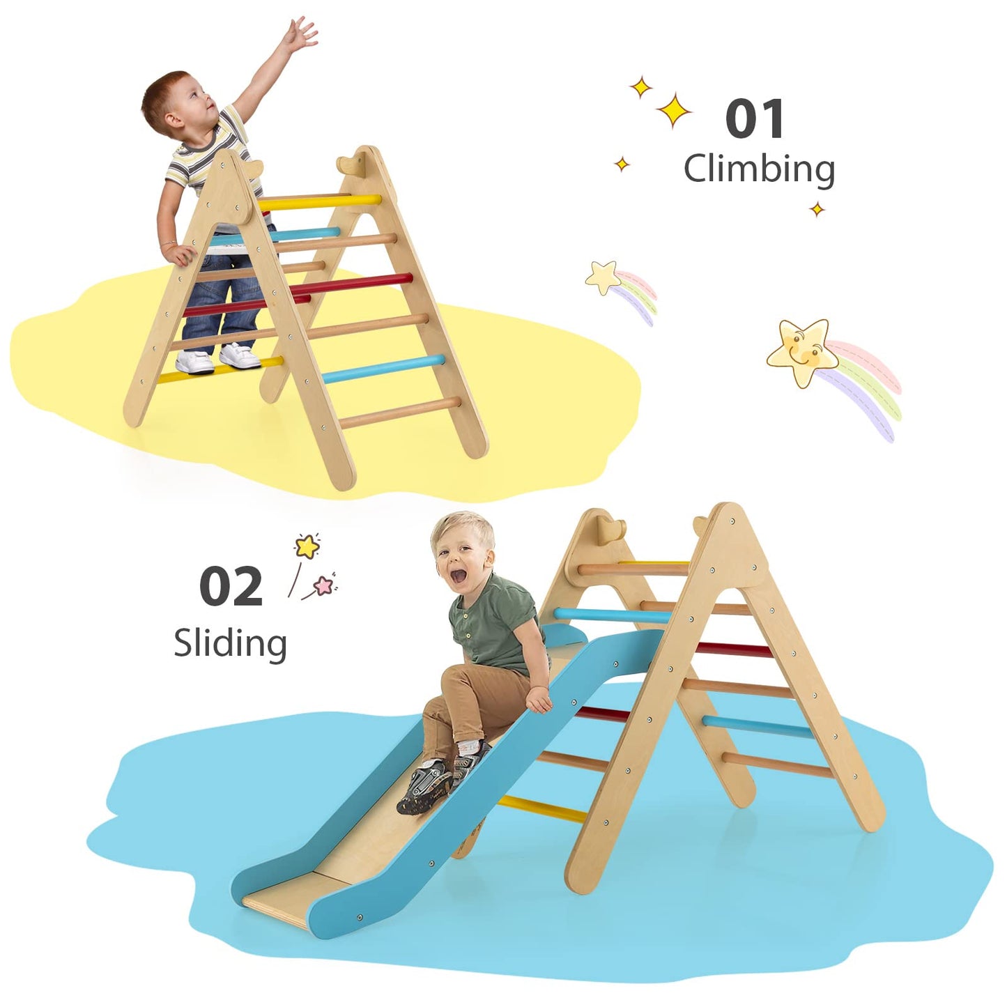 Olakids Toddlers Triangle Climber, 2 In 1 Montessori Kids Wood Climbing Toy With Ramp, Ladder, Slide For Gym Playground, Indoor