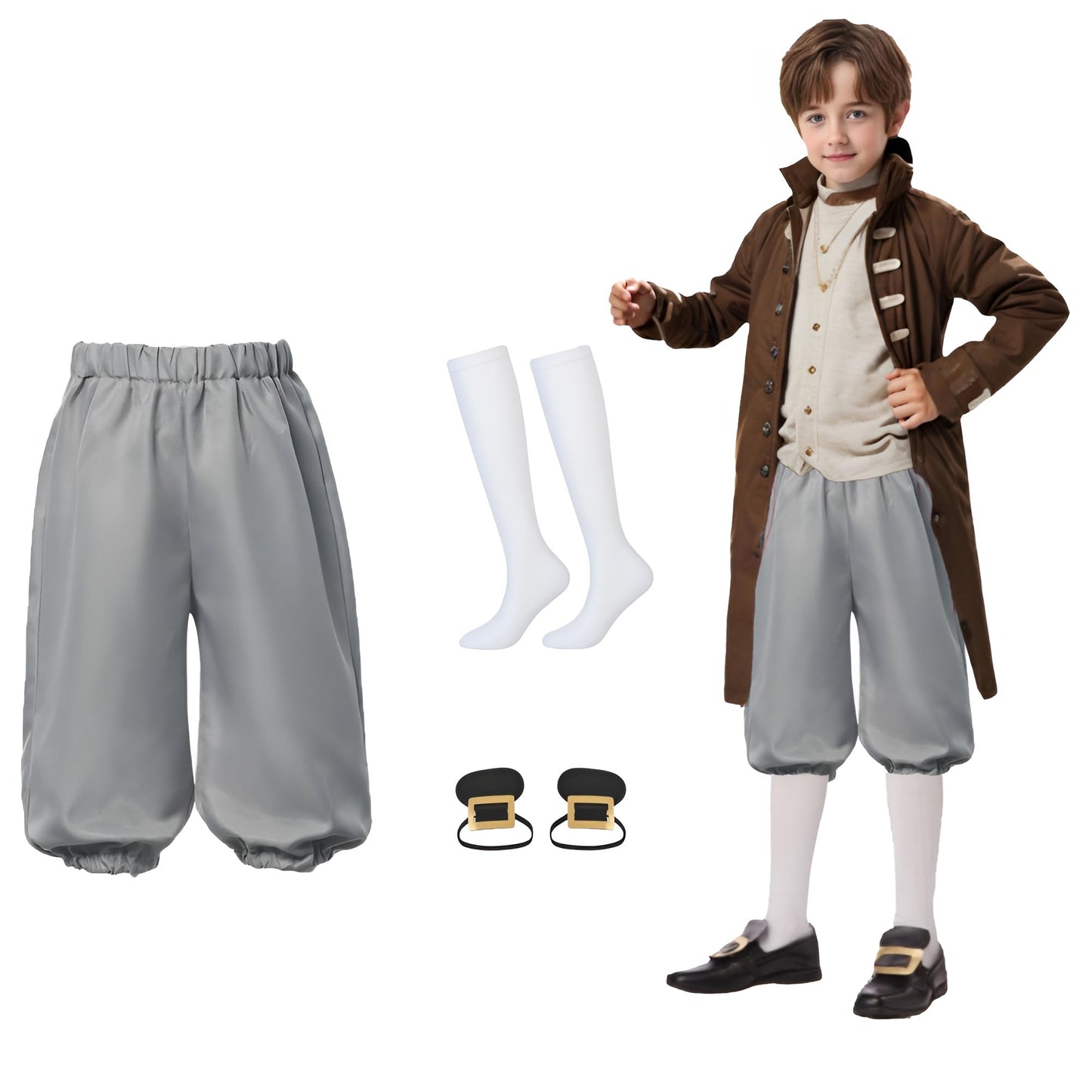 Andhom Boys Colonial Costume Set Knicker Pants Shoe Buckles White Socks Accessories For Colonial Style Boys Knicker Pants