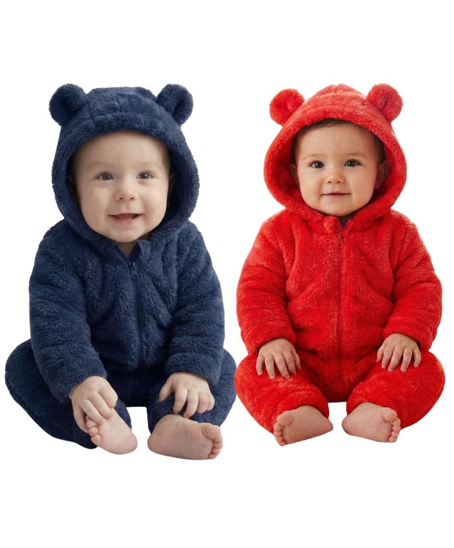 Baby Winter Fleece Romper, Hooded Bear Ears Design, Mint Green, FullZip Jumpsuit (2, Navy&Red, 0309month)