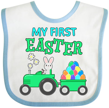 Inktastic My First Easter Bunny And Tractor Baby Bib White And Blue 33Fea