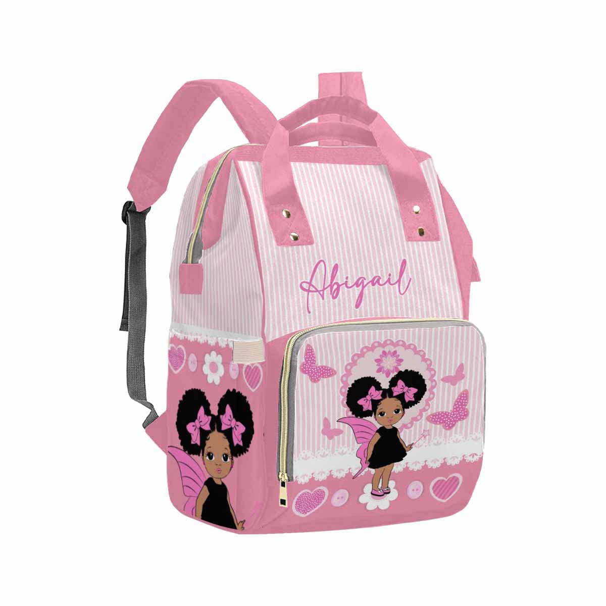 Artsadd Custom Name Diaper Bags Multifunction Backpack, Pink Stripe Love Travel Back Pack Customized Large Capacity Mommy Nappy