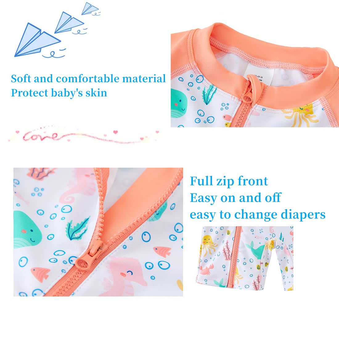 Umelok Baby Girls Swimsuit One Piece Full Zip With Long Sleeve Upf 50+ Sun Protection Sunsuit White Ocean,9M