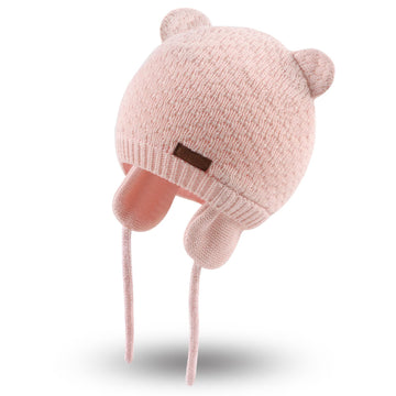 Bamery Baby Crochet Hat Infant Cute Bear Ear Beanie Toddler Boys Girls Earflap Hats For Fall Winter Warm Cap (Bear Pink, 0-6M)