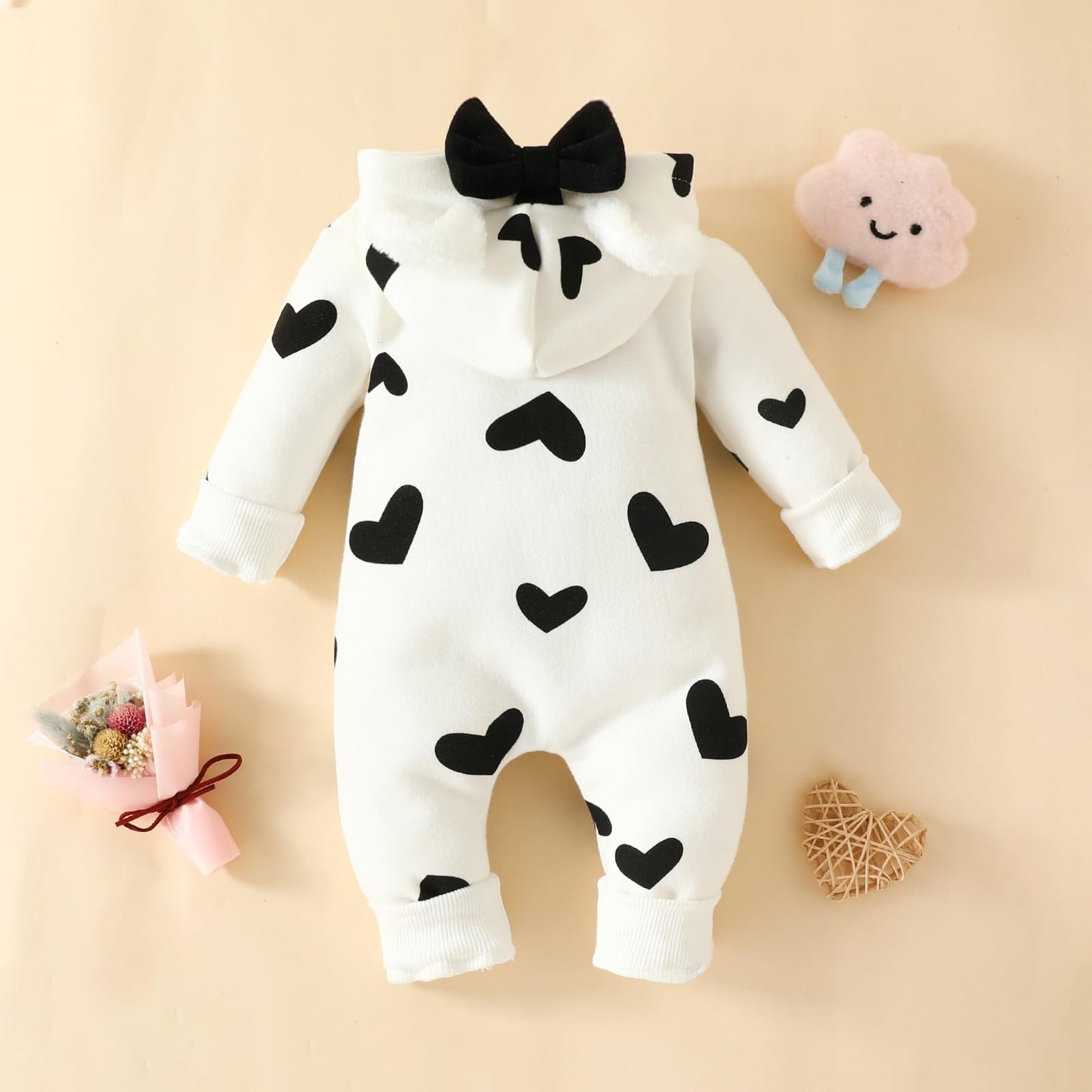 Newborn Baby Girl Hooded Jumpsuit Heart Cow Zip Up Long Sleeve Infant One Piece Romper Snowsuit Valentines Day Outfit (Heart Bla