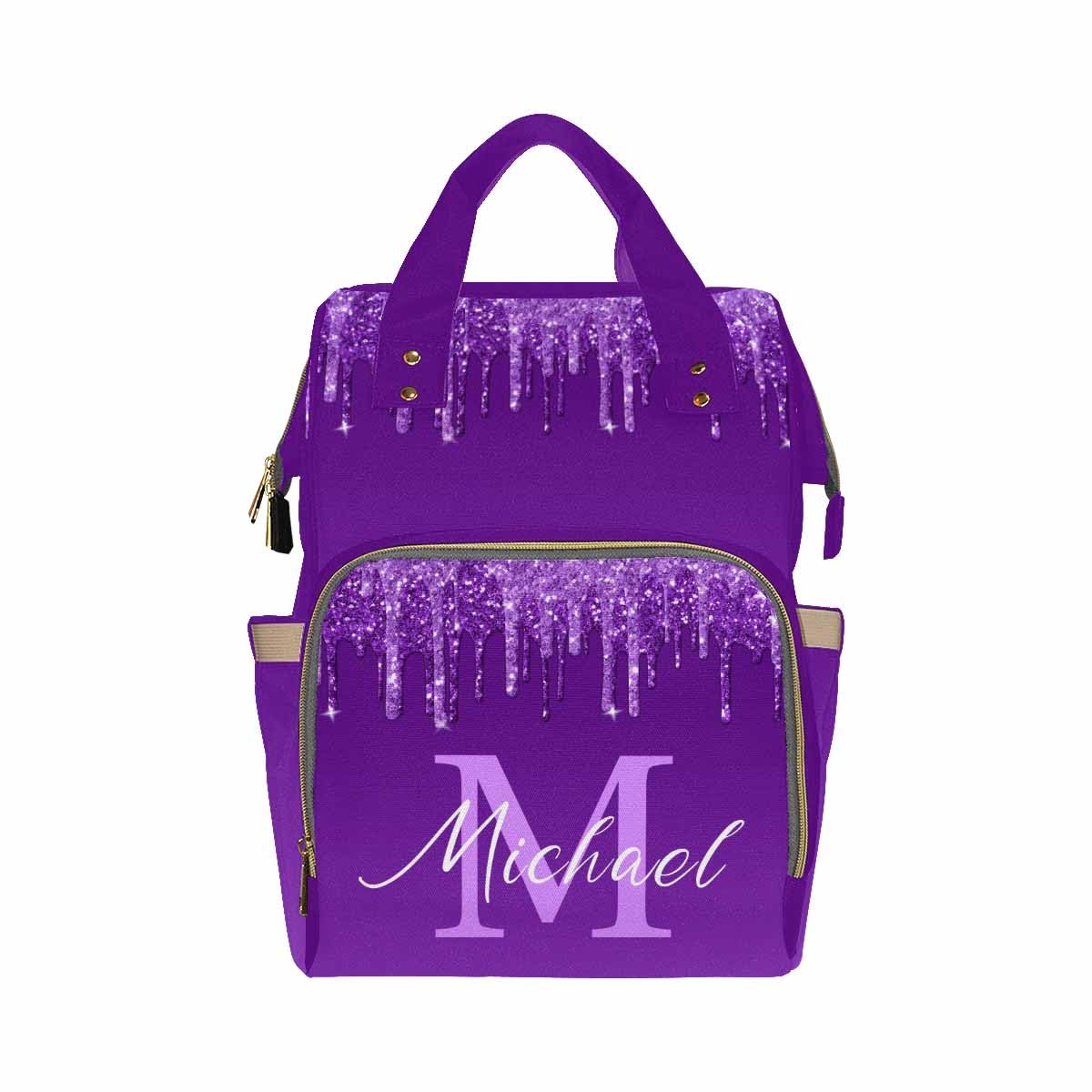 Artsadd Custom Diaper Bag For Mom, Customized Purple Glitter Print Tote Bag For Women Personalized Mommy Nursing Bags Nappy Casu