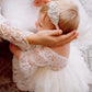 2Bunnies Girl Peony Lace Back A-Line Tiered Tutu Tulle Flower Girl Dress (White Bell Sleeve, 2T)
