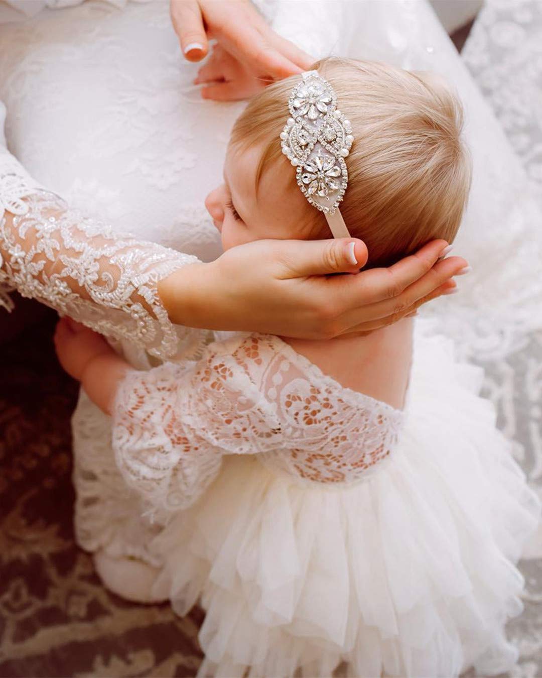 2Bunnies Girl Peony Lace Back A-Line Tiered Tutu Tulle Flower Girl Dress (White Bell Sleeve, 2T)