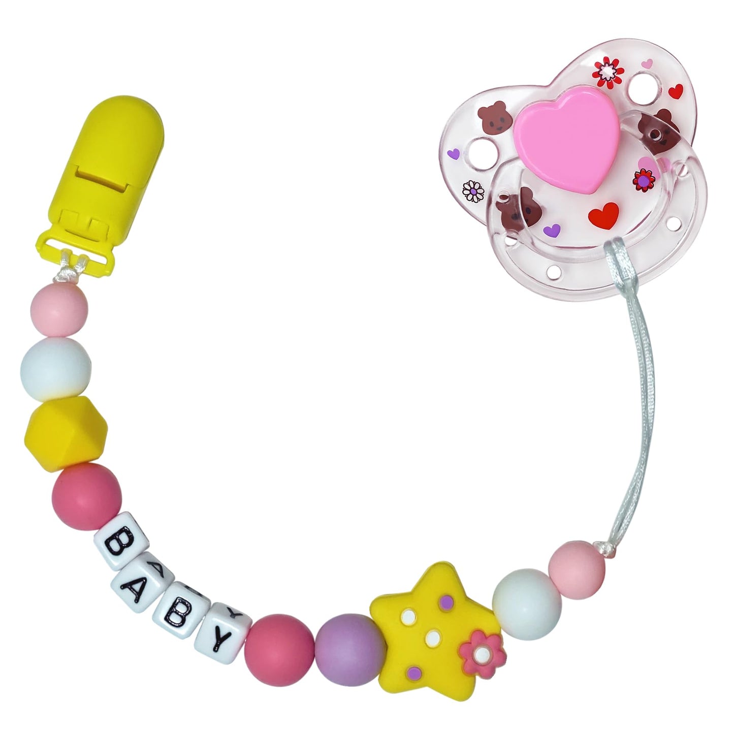 HELERKOL Yellow Style Pacifier Clip with Cute Pink Magnetic Pacifier Reborn Dolls Toy Accessories (Star)