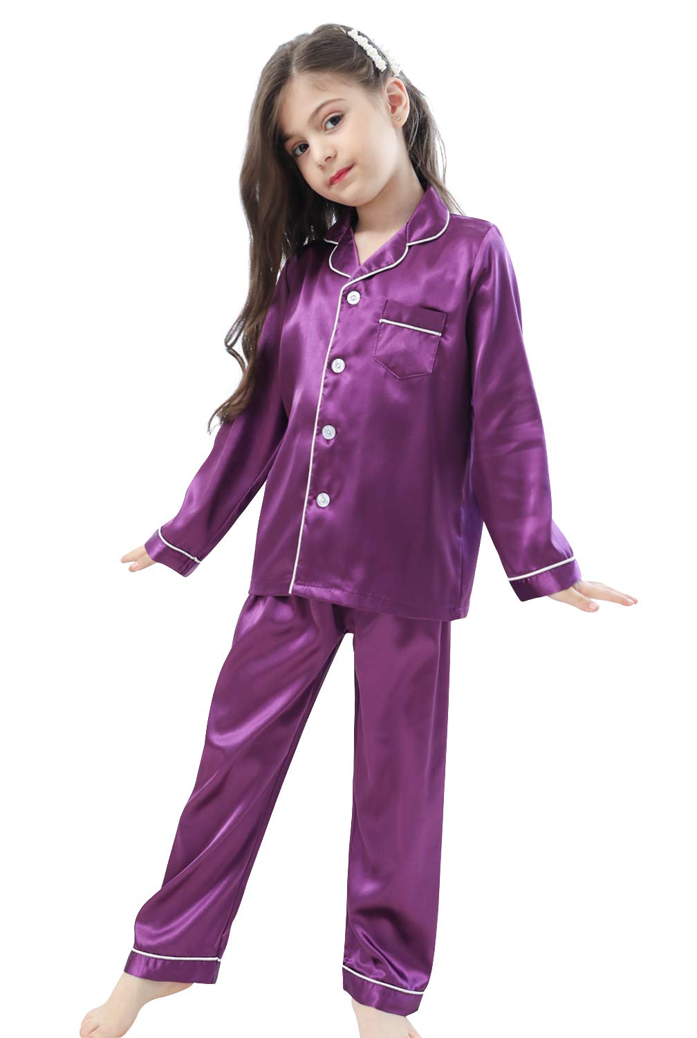 CattyGirl Pajamas Kid Unisex Pjs Set Girls Boys Silk Pajamas Set Satin Long Sleeve 2 Piece Clasic Sleepwear for 212 Years Todde
