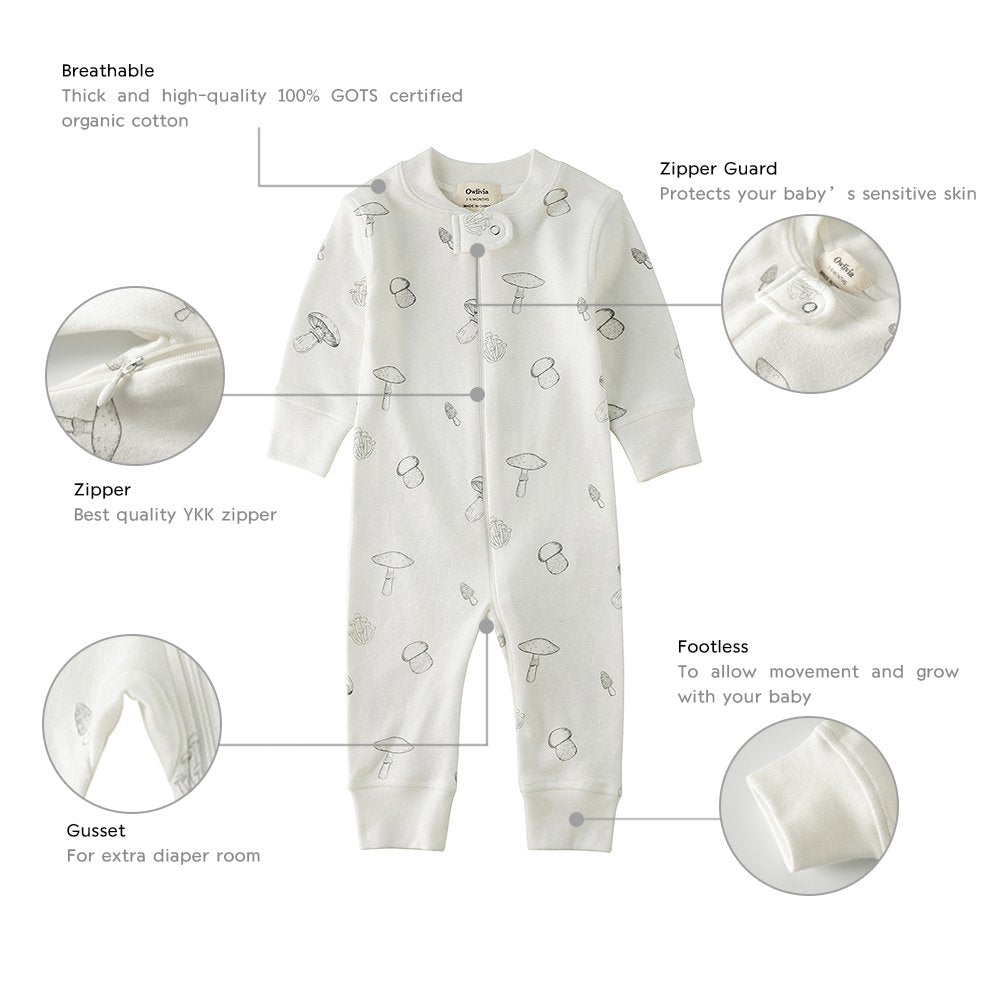Owlivia Organic Cotton Baby Boy Girl Zip Up Sleep N Play, Footless, Long Sleeve(12-18 Months, Off-White)