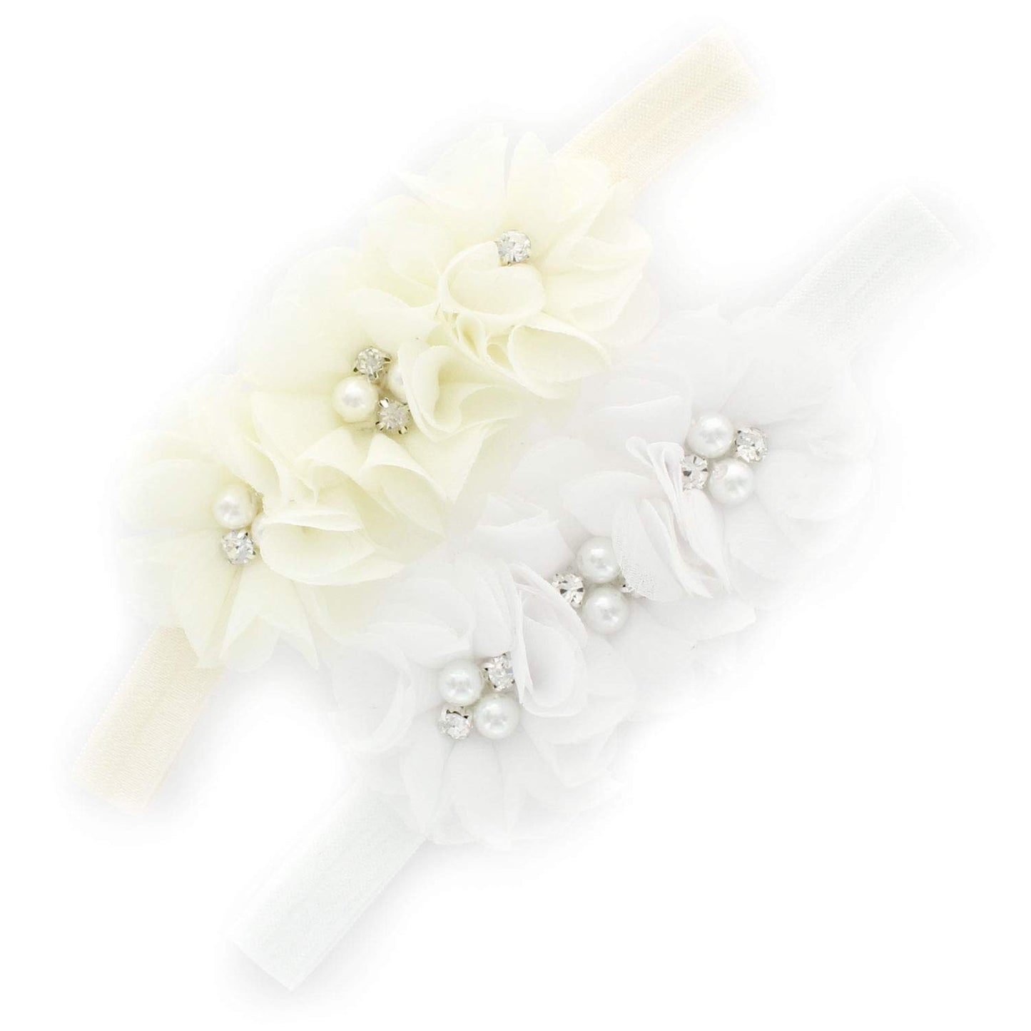 My Lello Baby Flower Headbands Fabric Beaded Trio Stretchy Elastic Pair (Ivory/White)