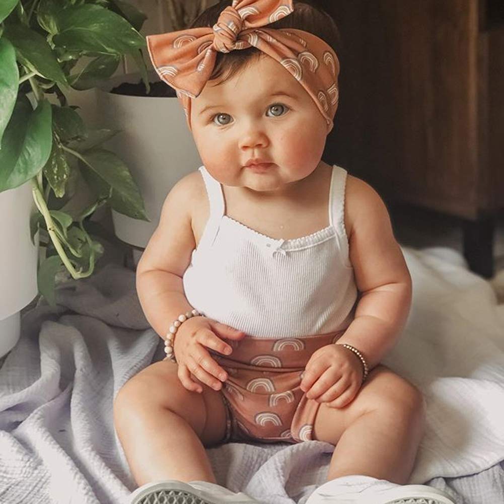 Easisim 3Pcs Newborn Infant Baby Girls Shorts Set Cotton Sleeveless Romper Bodysuit Shorts Headband Outfit Set (White Rainbow, 6