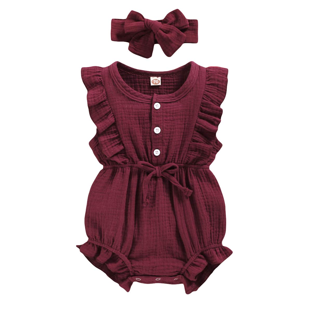 Younger Tree Toddler Baby Girl Ruffled Sleeveless Romper Casual Summer Jumpsuit Cotton Linen Clothes (Button-Red, 18-24 Months)