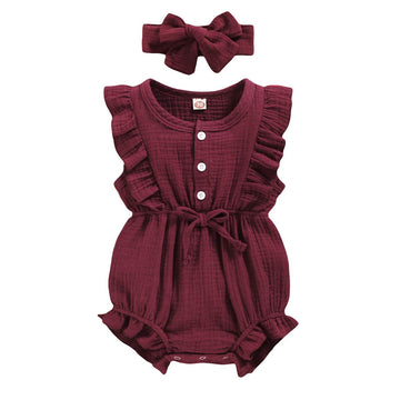Younger Tree Toddler Baby Girl Ruffled Sleeveless Romper Casual Summer Jumpsuit Cotton Linen Clothes (Button-Red, 18-24 Months)