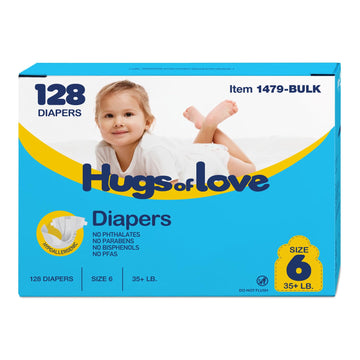 Dynarex Hugs-of-Love Diapers Size 6 (35+ lb) Baby Diapers - High Absorbency, Leak Protection, Soft Comfort, 128 Diapers per Case