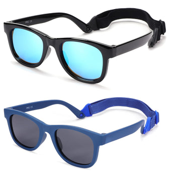 Coasion 2 Pack Bendable Flexible Polarized Newborn Baby Sunglasses With Strap For Infant Boys Girls Age 0-12 Months (Black/Blue