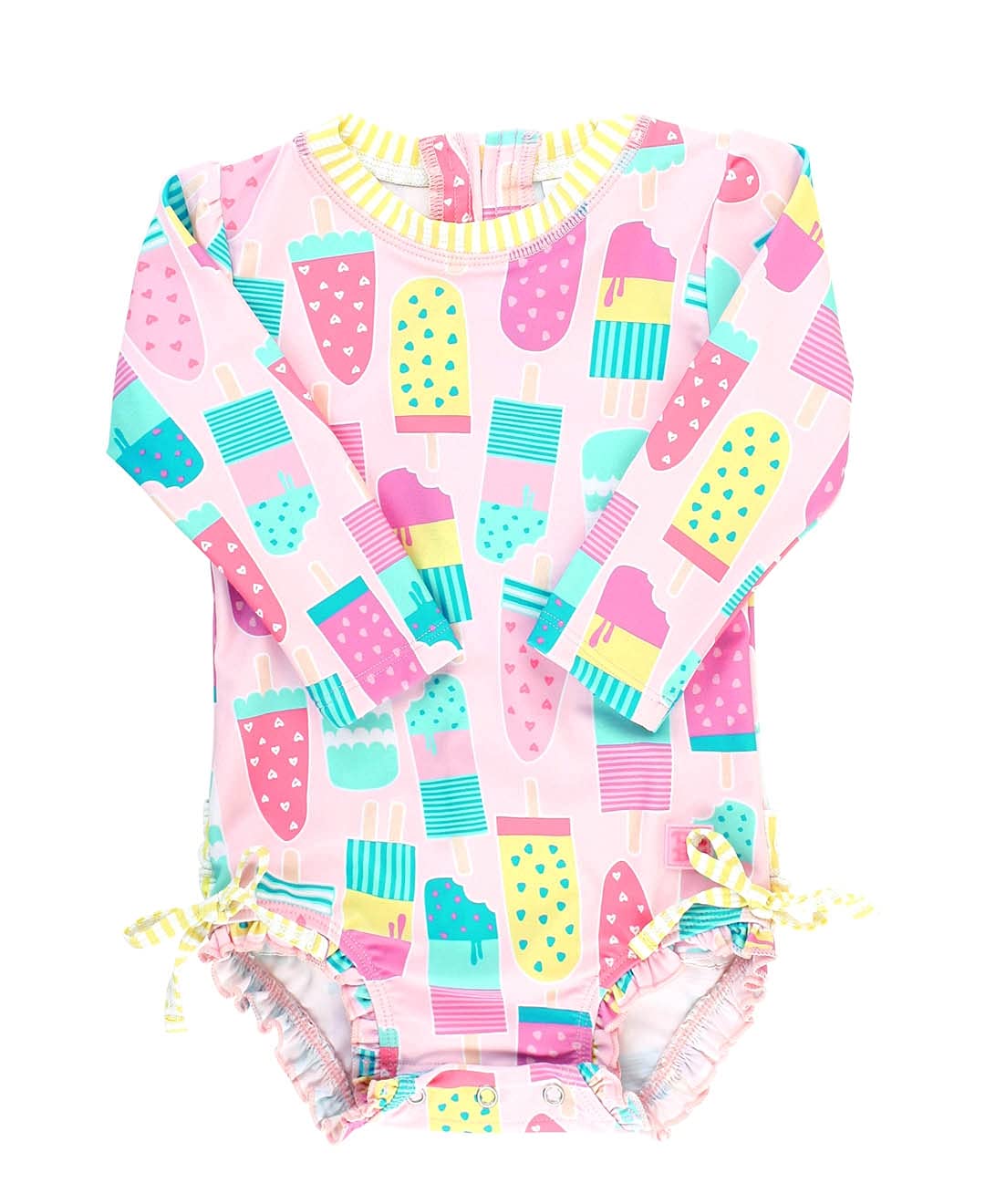 Rufflebutts Baby Girls Upf 50+ Sun Protection Novelty Print Long Sleeve One Piece Rash Guard Swimsuit With Zipper - Ice Cream So