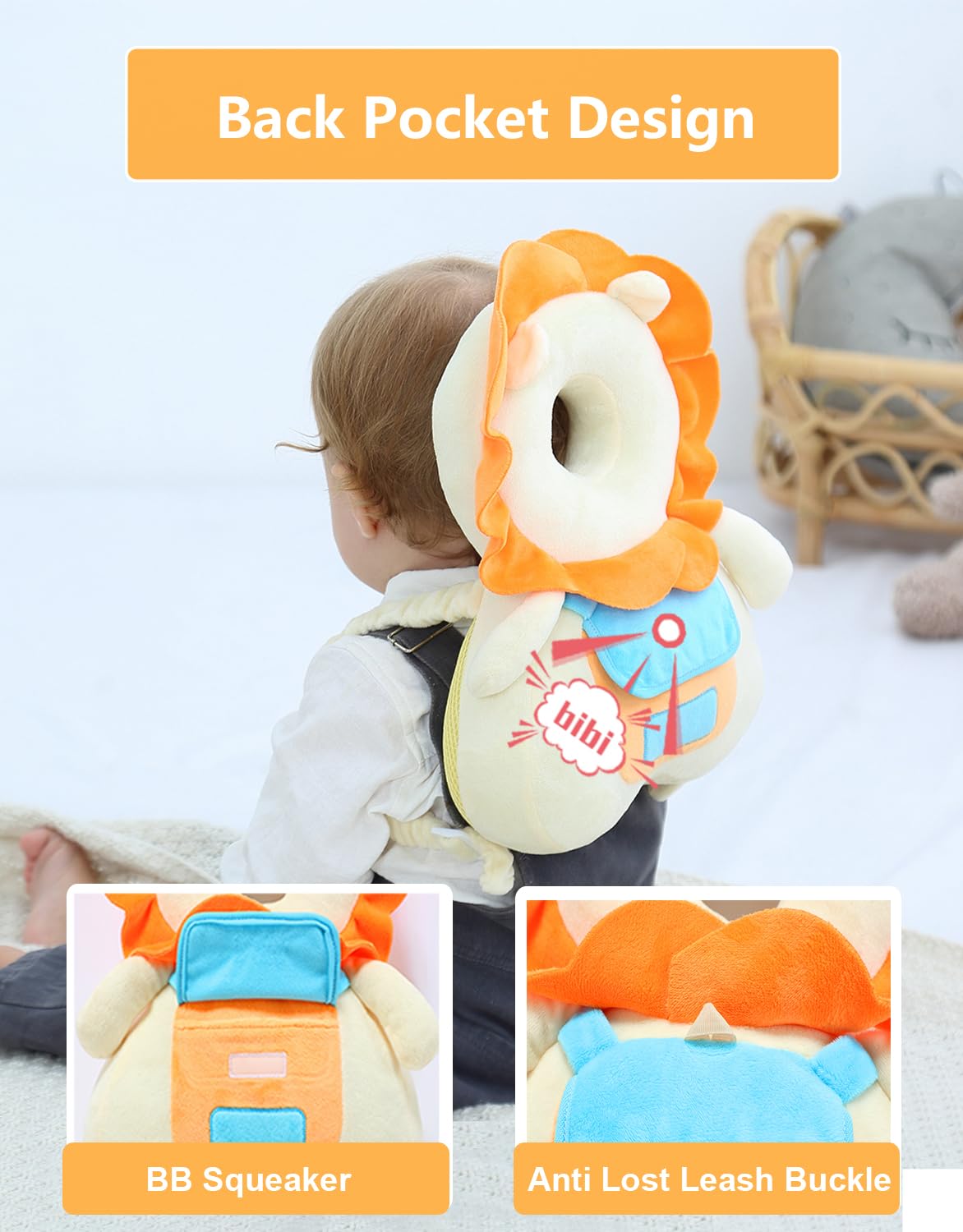 Head Safety Protector Pad For Baby Toddler Walker,Infant Talking Head Protection Backpack Cushion (Z Yellow Lion Sets)