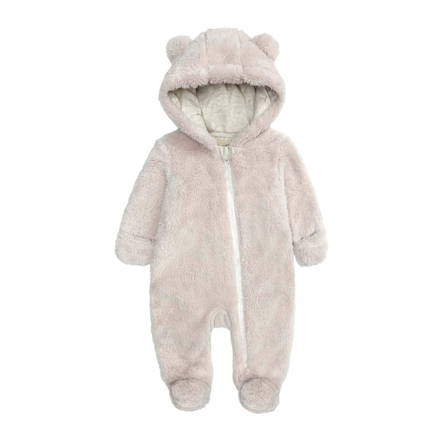 Baby Boy'S Fleece Snowsuits 0-12 Months Toddlers Cute Bear Cartoon Jumpsuits Winter Hooded Rompers With Zipper Closure Beige 3-6