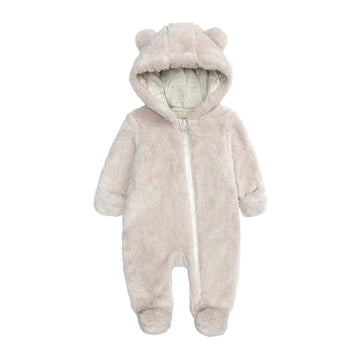 Baby Boy'S Fleece Snowsuits 0-12 Months Toddlers Cute Bear Cartoon Jumpsuits Winter Hooded Rompers With Zipper Closure Beige 3-6