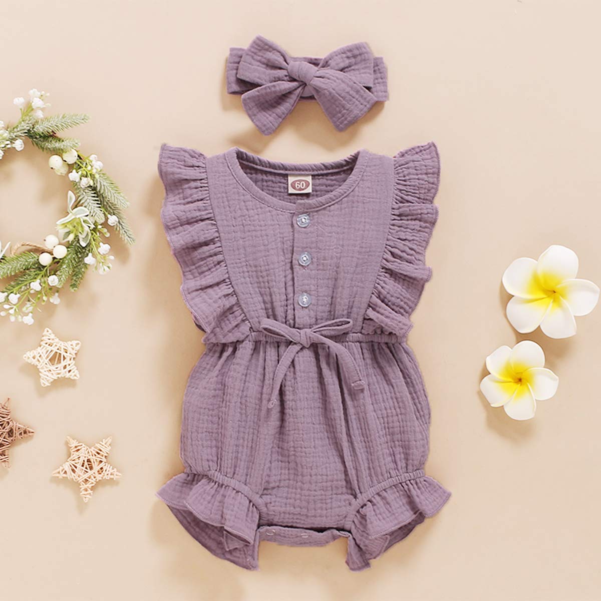 Younger Tree Toddler Baby Girl Ruffled Sleeveless Romper Casual Summer Jumpsuit Cotton Linen Clothes (Button-Purple, 6-12 Months