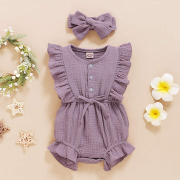 Younger Tree Toddler Baby Girl Ruffled Sleeveless Romper Casual Summer Jumpsuit Cotton Linen Clothes (Button-Purple, 6-12 Months