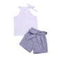 Toddler Baby Girl Sleeveless White Tank Top Shirts+Gray Stripe Shorts Pant With Bow Belt+Headband Summer Clothes Set 1-6T (White