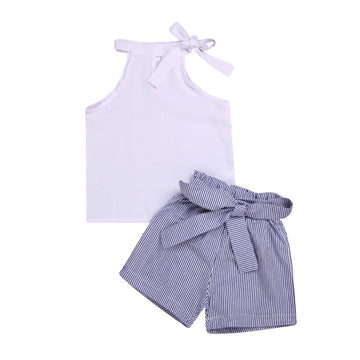 Toddler Baby Girl Sleeveless White Tank Top Shirts+Gray Stripe Shorts Pant With Bow Belt+Headband Summer Clothes Set 1-6T (White