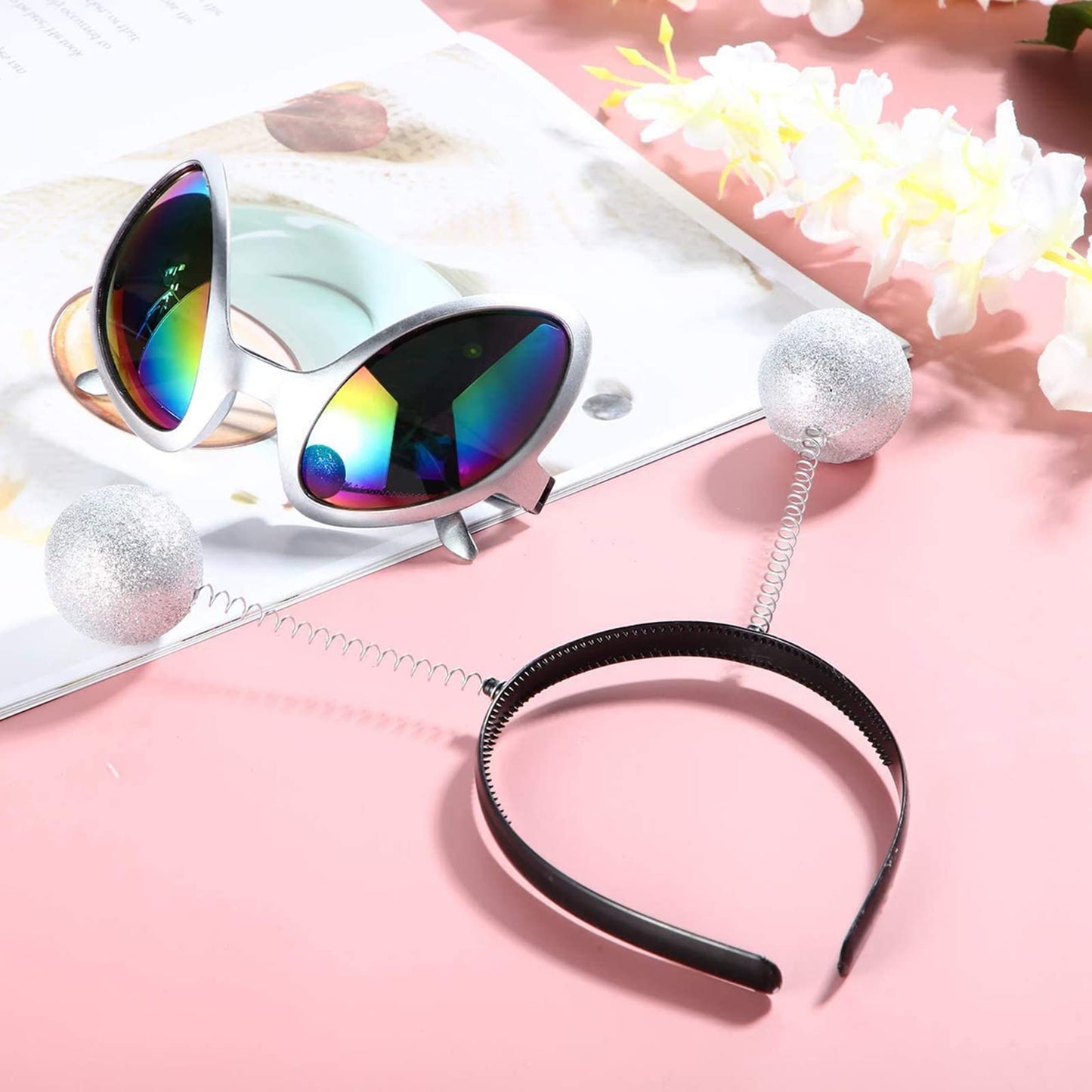 Silver Alien Headband Alien Glasses Set Boppers Antenna Headband Rainbow Lens Sunglasses For Alien Theme Halloween Cosplay Party