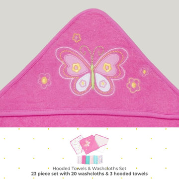Spasilk Bath Hooded Towels & Washcloths Set For Babies, 23-Piece Gift Set, Pink Butterfly, (Gift Gba23 07)