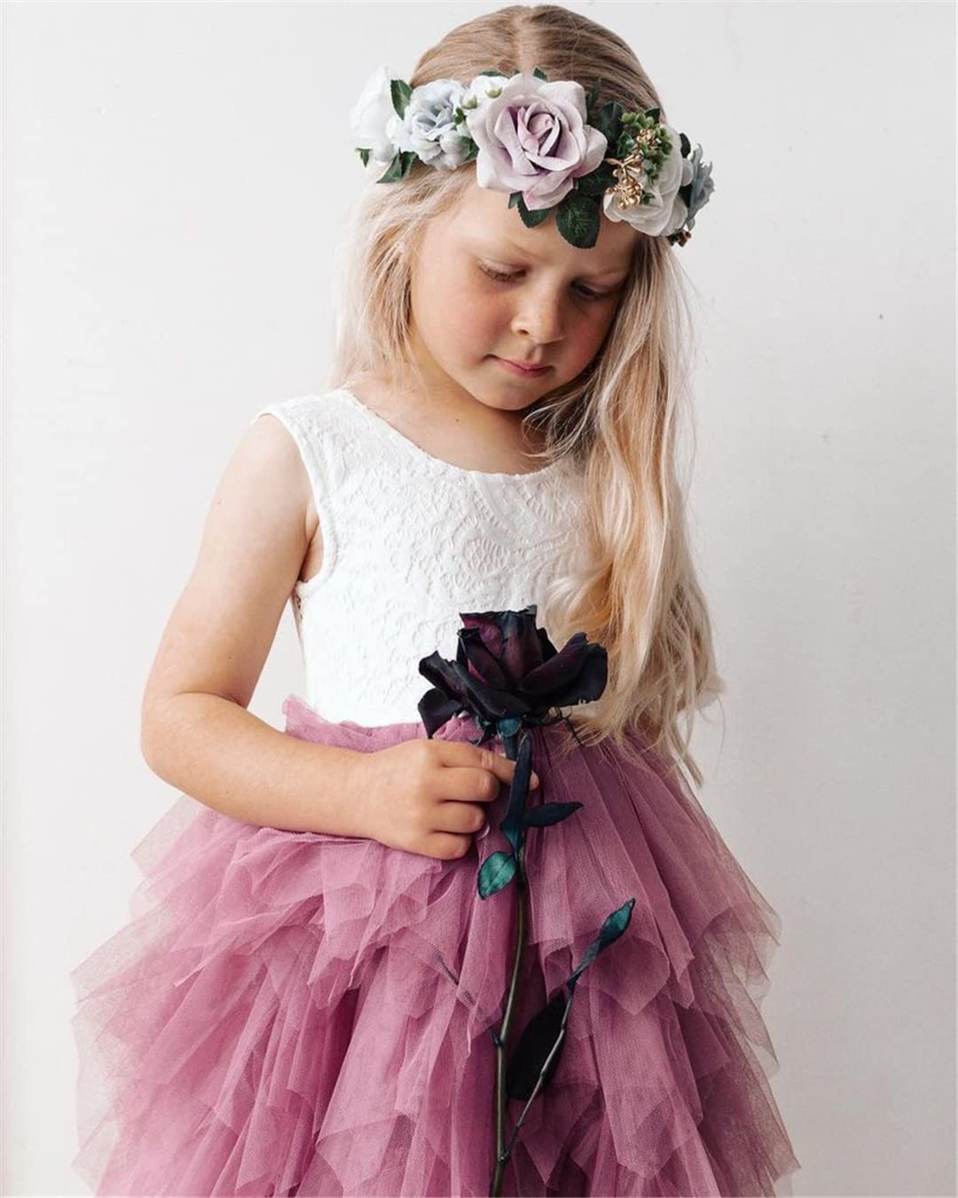 2Bunnies Girl Peony Lace Back A-Line Tiered Tutu Tulle Flower Girl Dress (Mauve Sleeveless Short, 2T)
