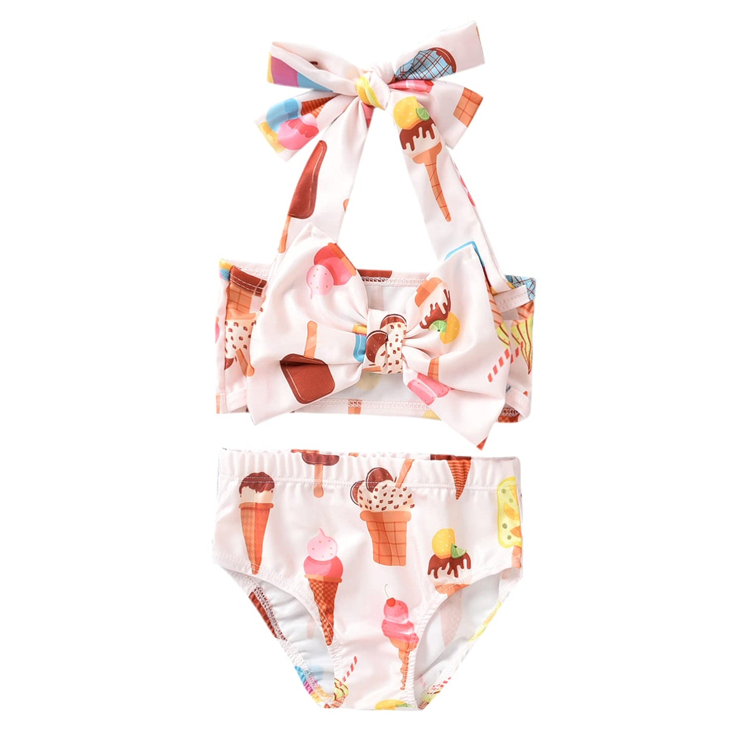 Aalizzwell Baby Girl Bathing Suit, Toddler Girls Two Piece Swimsuit Halter Top Bikini Bottoms Swimming Suit (Khaki - Ice Cream,