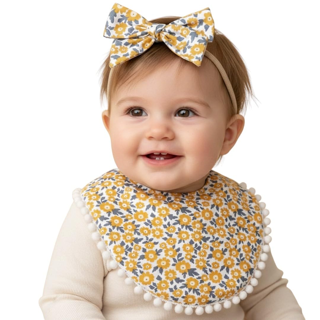Polka Tots Cotton Floral Bow Headband With Reversible Boho Bib Set  Yellow
