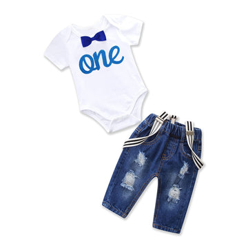 Pinleck Toddler Baby Boy Birthday Clothes Set Bowtie Romper Suspenders Ripped Denim Pants Outfits (1St Birthday-Blue-1Short, 12-