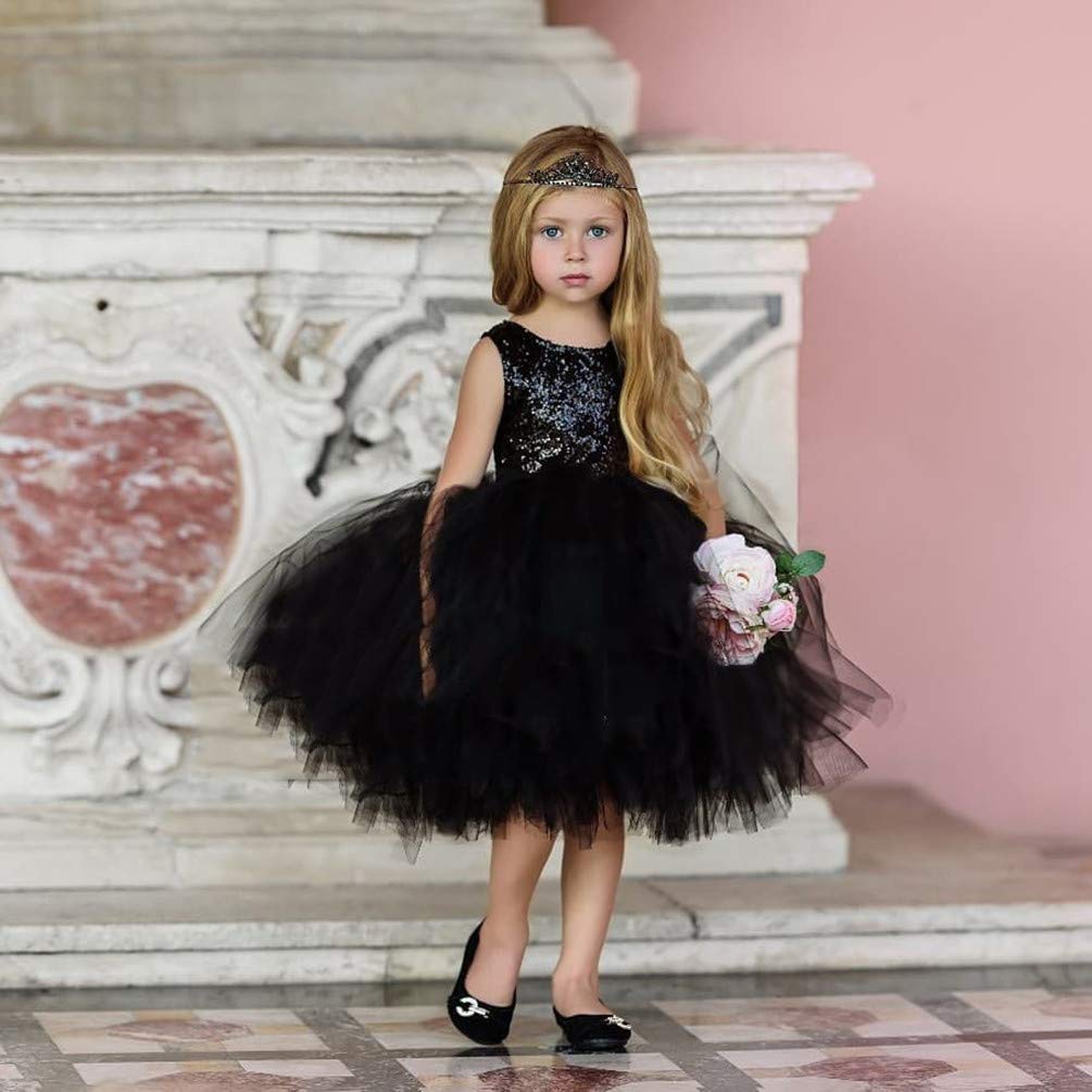Toddler Girl Baby Lace Flower Sequin Tutu Dress Tulle Pageant Wedding Party Formal Girls Dresses Black 12-18M