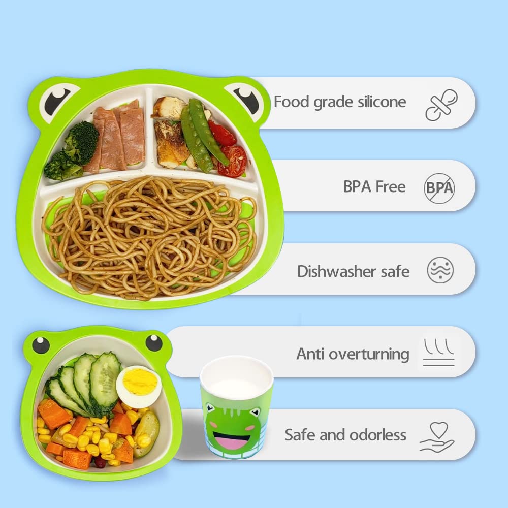 Bamboo Kid Divided Plates And Bowls Sets, 5Pcs Toddler Plates And Utensils Set Kids Dinnerware Set Children Divided Plate Toddle