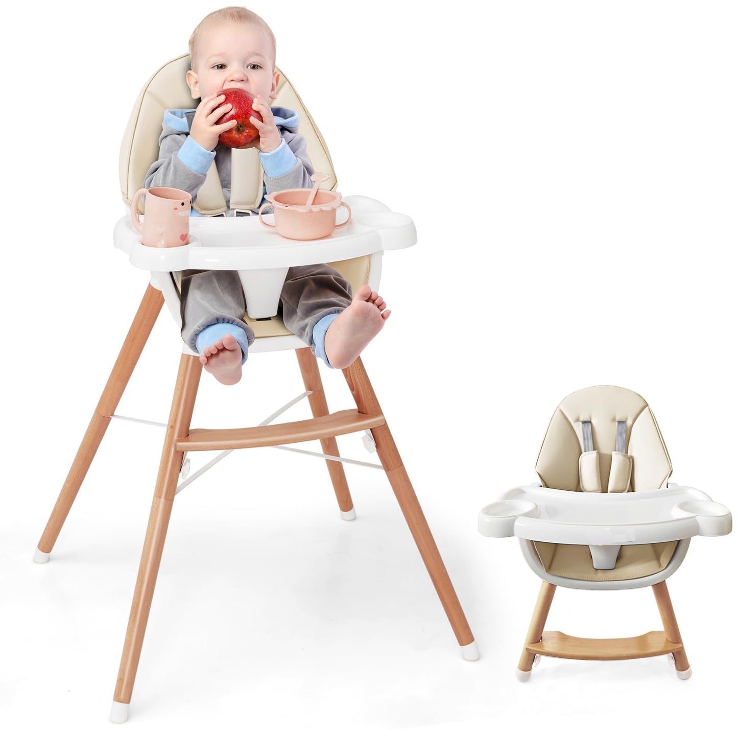 HONEY JOY Baby High Chair, Eat & Grow Beech Wooden Highchair for Babies and Toddlers, Removable Double-Layer Food Tray, 5-Point 