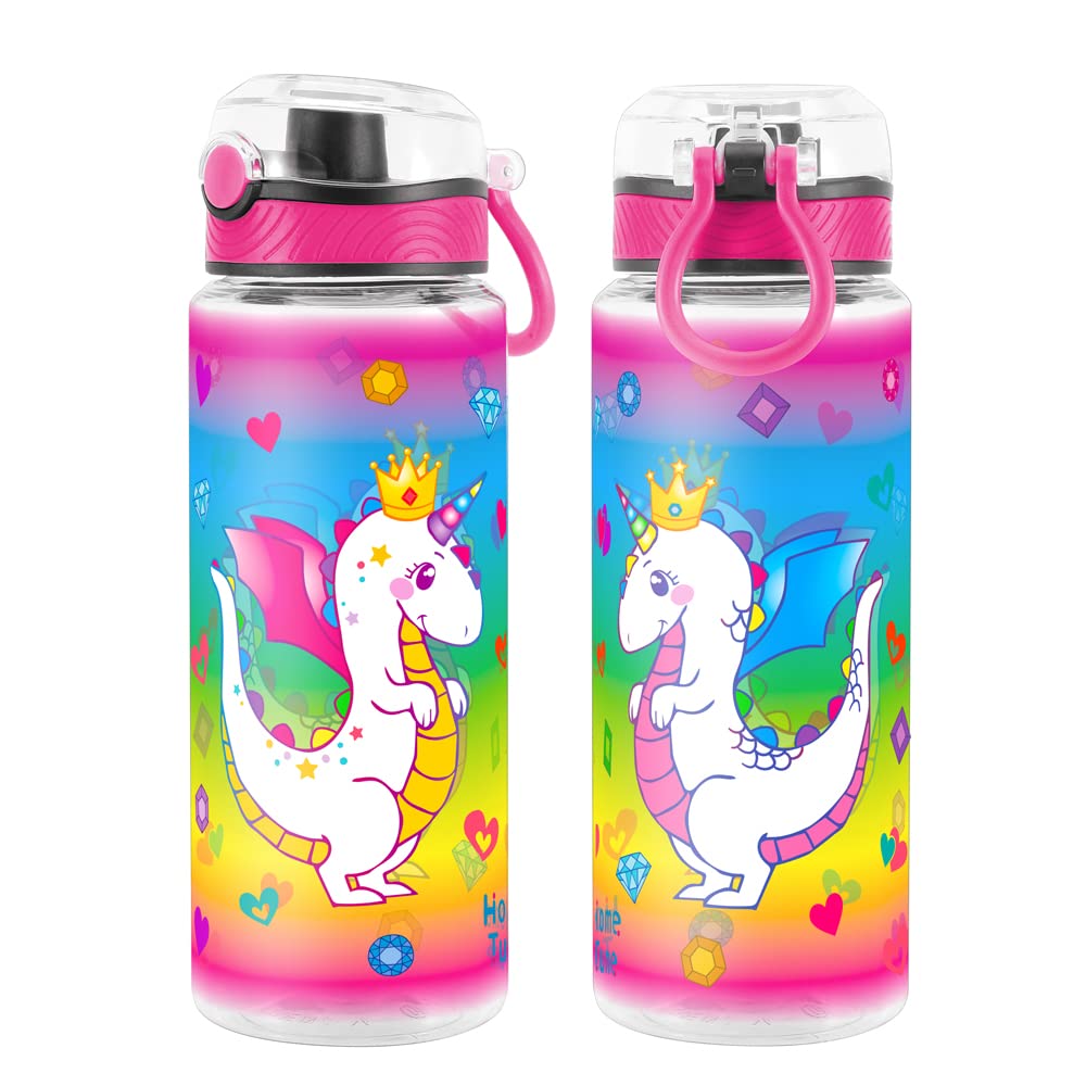 Homtune Cute Water Bottle For School Kids Girls, Bpa Free Tritan & Leak Proof & Easy Clean & Carry Handle, 23Oz/ 680Ml (Dragon)