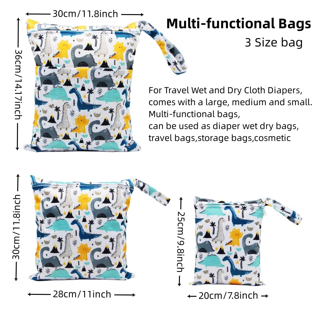 Asenappy 3Pcs Cloth Diaper Wet Dry Bags Waterproof Reusable With Two Zippered Pockets Travel Beach Pool Daycare Soiled Baby Item