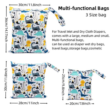 Asenappy 3Pcs Cloth Diaper Wet Dry Bags Waterproof Reusable With Two Zippered Pockets Travel Beach Pool Daycare Soiled Baby Item