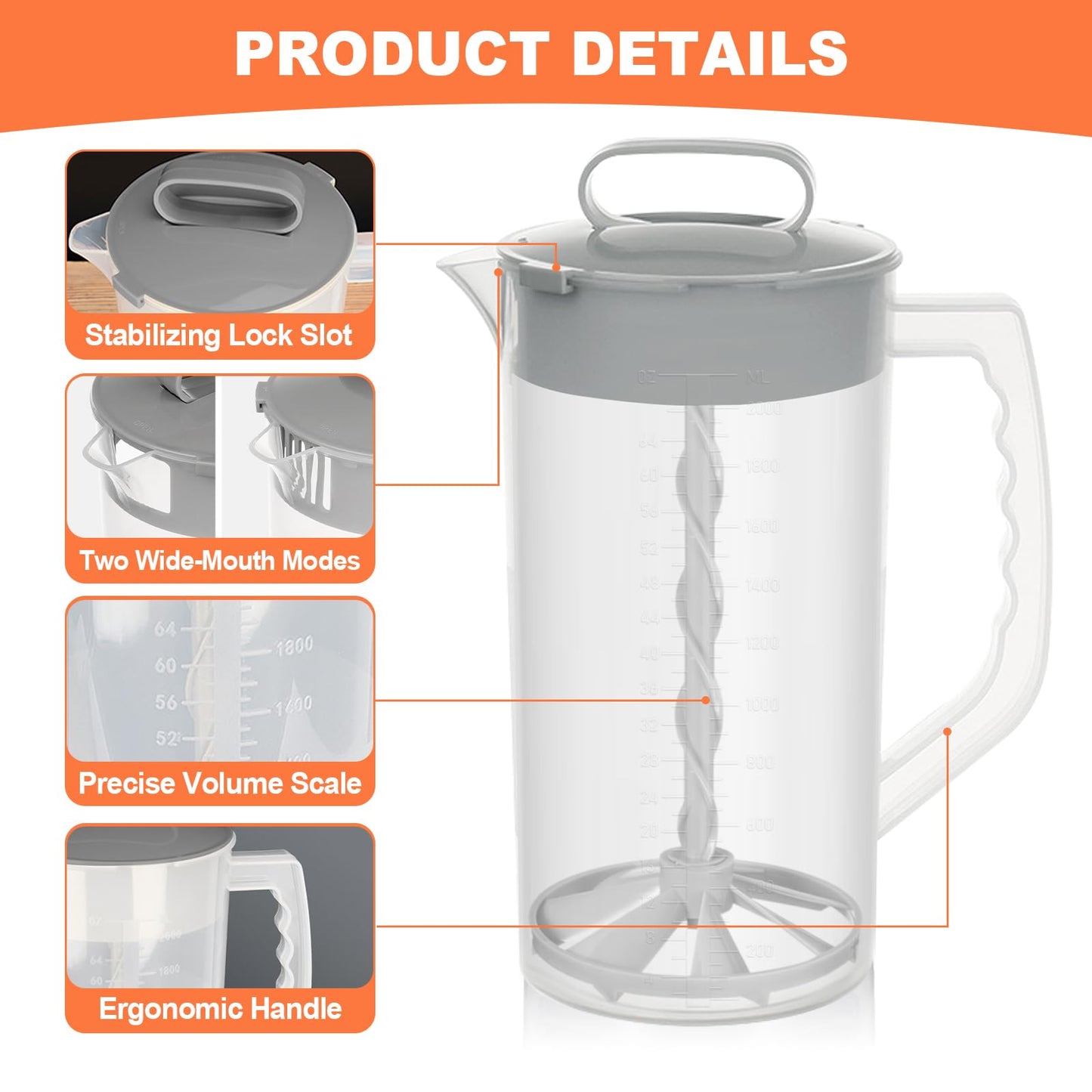Breast Milk Pitcher, 64Oz/ 2000Ml Mixing Pitcher With Lid, Mixing Baby Formula,Coffee, Milk And Juice With Angled Plastic Blades