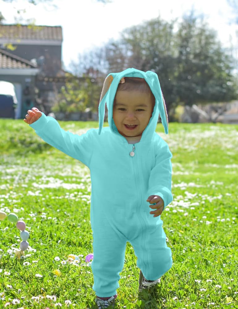 Agqt Baby Boys Bunny Costume Easter Halloween Clothes One Piece Romper Rabbit Ear Outfit Bodysuits Hoodie Light Blue Size 3-6 Mo