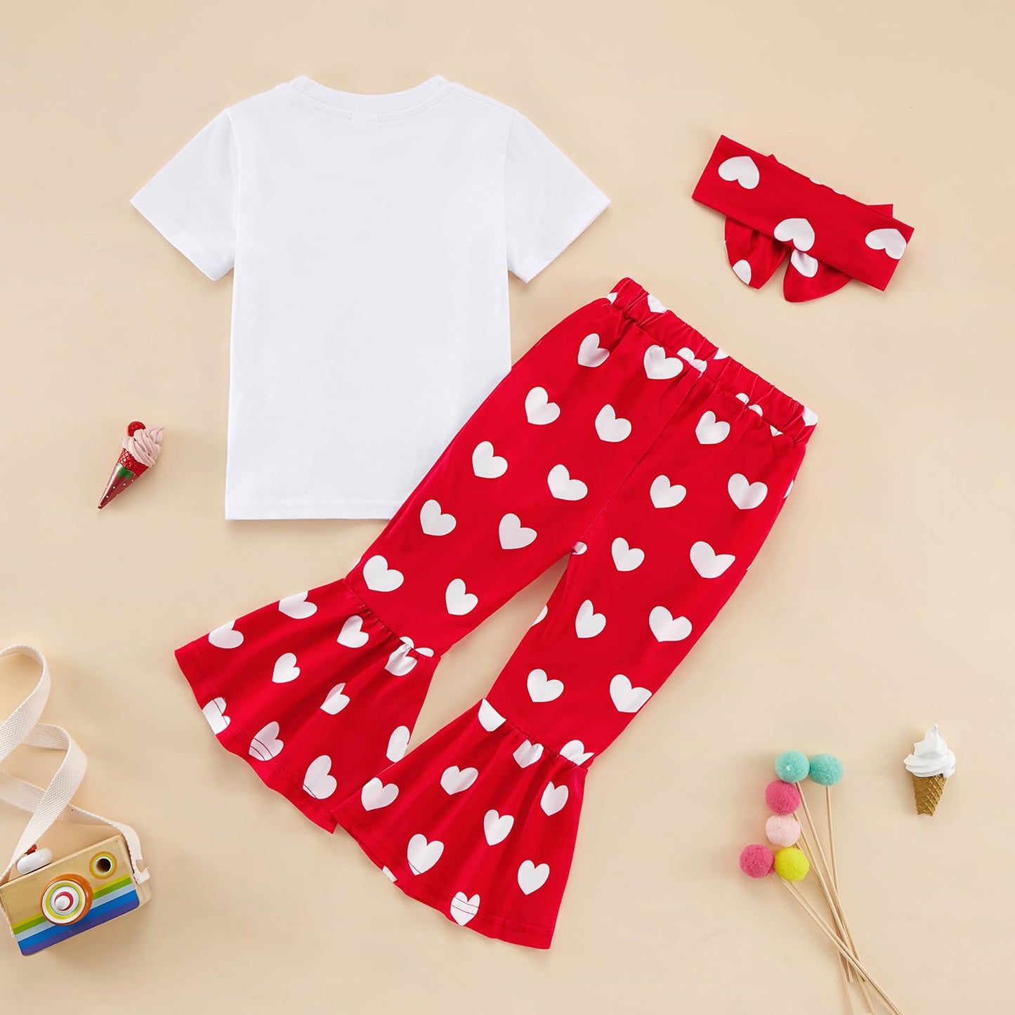 Ninobebe Toddler Girl Valentines Day Outfit Love Heart T-Shirt Bell Bottom Pants Headband 3Pcs Summer Clothes Set 2-3T