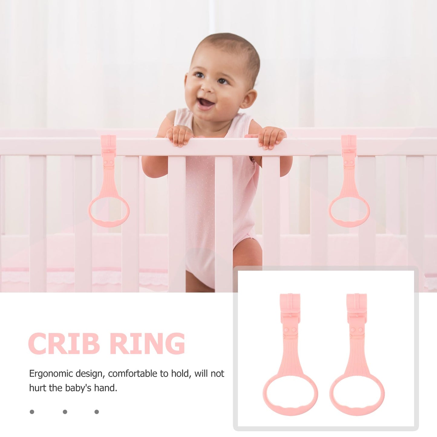 Safigle 4Pcs Pull Up Rings Standing Walker Crib Tool Ring Playpen Crib Hook Help Stand Up Walking Training Tool For Newborn Pink