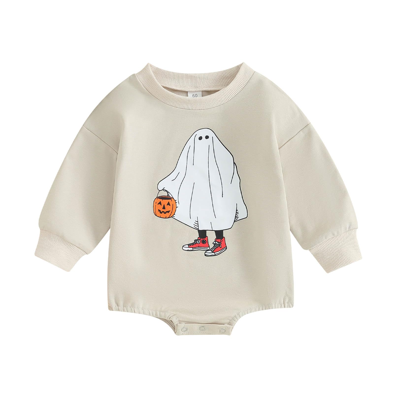 Focusnorm Halloween Newborn Baby Girl Outfit Toddler Ghost Pumpkin Sweatshirt Romper Long Sleeve Romper Infant Fall Clothes (Kha