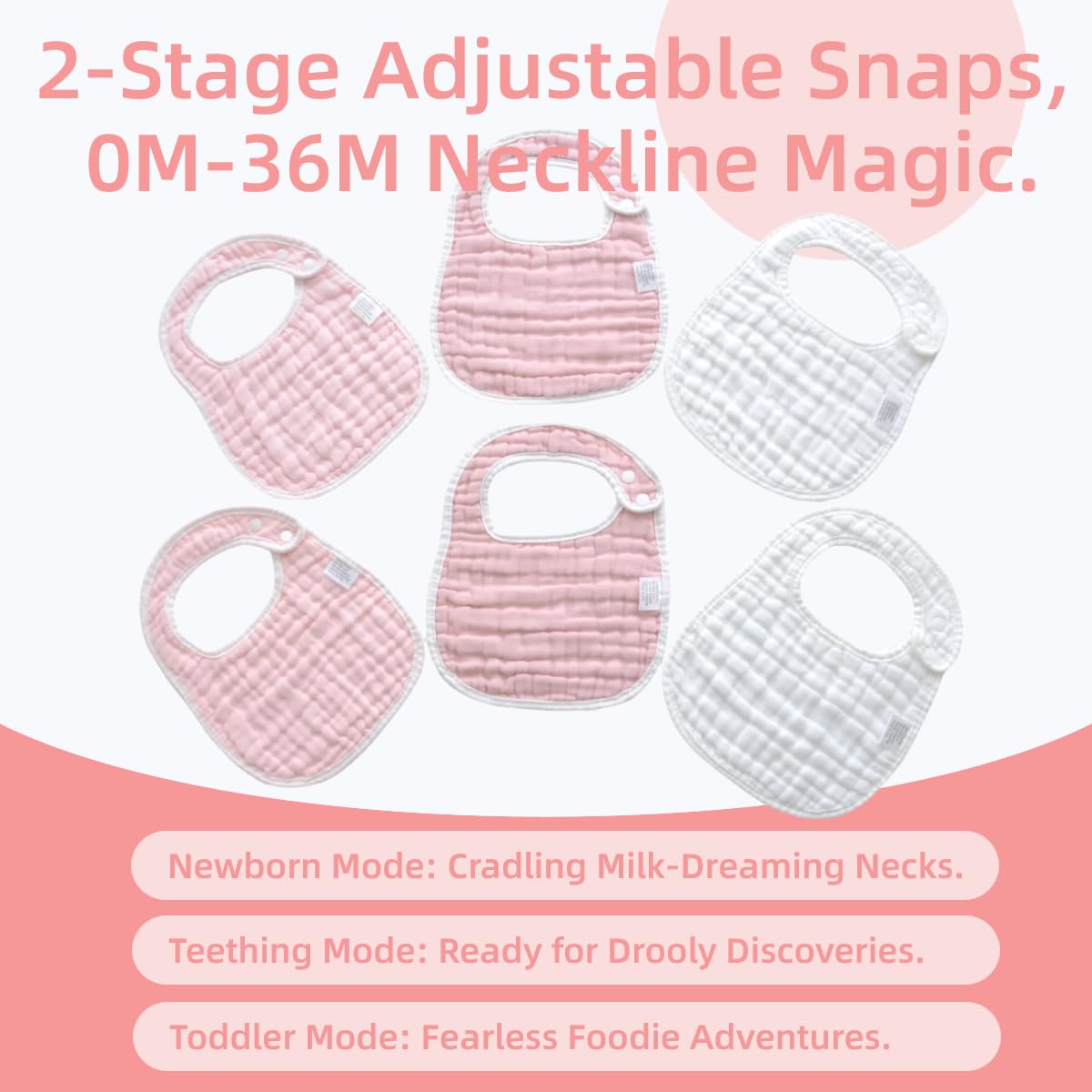 Mukin Baby Muslin Bibs And Burp Cloths, 6 Pack, Soft Absorbent Cotton, Adjustable (Gradient Pink)