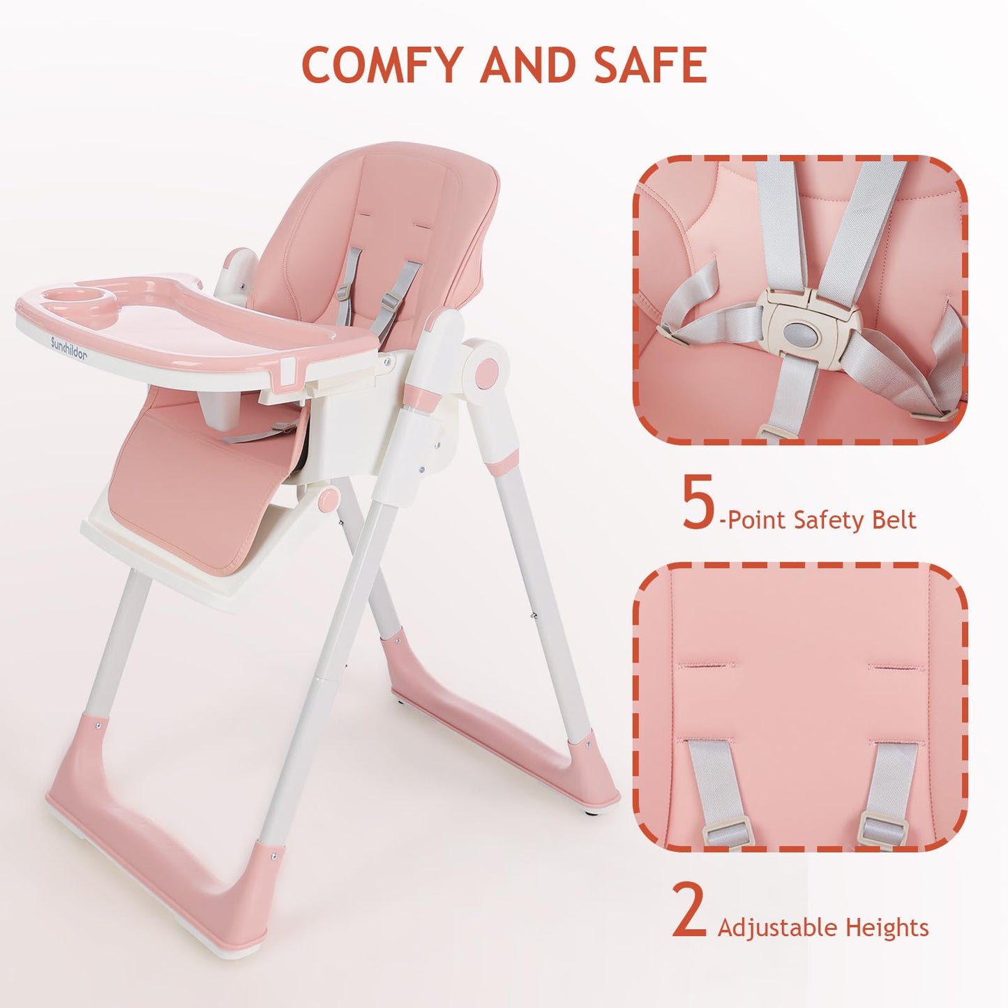 Sunchildor 3 In 1 Baby High Chair With Wheels, Adjustable 5 Point Harness, Tray, Foot Rest, Backrest And Seat Height, Foldable H