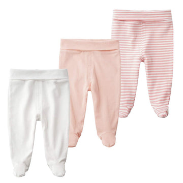 Acestar Newborn Infant Baby Boys Girls 3-Pack Cotton High Waist Footed Pants Casual Leggings With Feet 3-6 Months, Pink And Pink