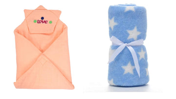 CTMKIDS Baby Wrap with Cap for Kids 74x74 cm  Peach & Baby Blankets New Born Pack of Star Wrapper Bedsheet  Sky Blue